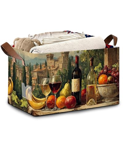 Vintage Red Wine Storage Baskets,Butterfly Plants Foldable Large Capacity Organizer Bins with Waterproof Lining and Leather Handles for Closet,Shelf,Bedroom 17x11.5x10Inch - color: Vintage Red Wine Fruit