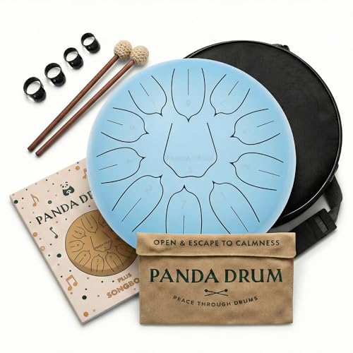 Panda Drum Plus (Blue) | Steel Tongue Handpan with Music Book, Mallets, Carrying Bag & Finger Picks | 11 inch, 432 Hz | Rain Drum for Inside & Outside | Calming Musical Instrument for Adults & Kids - color: 4-Blue