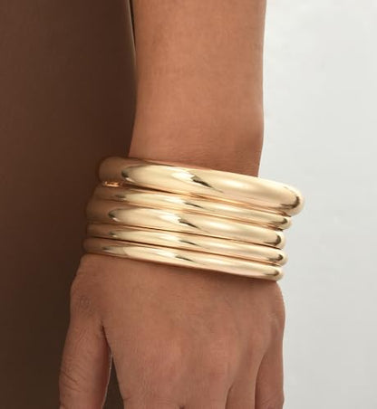 Chunky Gold Bangle Bracelets for Women, Dainty 14k Gold Plated Big Stackable Bangles Set, Trendy Statement Cuff Bracelet Stack Fashion Jewelry Gifts - style: 5 Gold african bangles