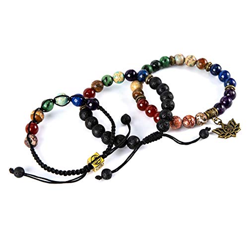 Bivei Chakra Bead Bracelets for Women - 8mm 7 Chakra Bracelet With Real Stones Yoga Gemstone Jewelry 3 Pack - style: #1 Set of 3 Chakras Lotus Bracelets
