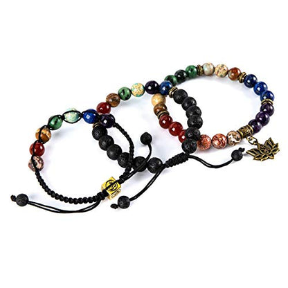 Bivei Chakra Bead Bracelets for Women - 8mm 7 Chakra Bracelet With Real Stones Yoga Gemstone Jewelry 3 Pack - style: #1 Set of 3 Chakras Lotus Bracelets