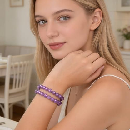 14in Agate Wrap Bracelet for Women Men Natural Round Beaded Agates Stone Healing Stretch Bracelets Elastic Handmade Polished Gemstone Beads Bracelet - color: Amethyst, size: 6mm Beads