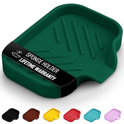 Zulay Kitchen Small Silicone Sponge Holder (4.9x3.3”) – Space-Saving Sink Organizer Tray for Sponge, Soap, Brush & More – Compact Non-Slip Dish for Kitchen & Bathroom Countertops (Pine Green) - color: Pine Green, size: Small (4.9x3.3)