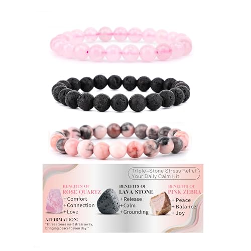 4mm 6mm 8mm Healing Crystal Bracelets for Women Men Natural Stone Beaded Stretch Bracelet Handmade Gemstone Reiki Spiritual Jewelry Gifts - color: Rose Quartz+Lava+Pink Zebra-Stress Relief, size: 8mm