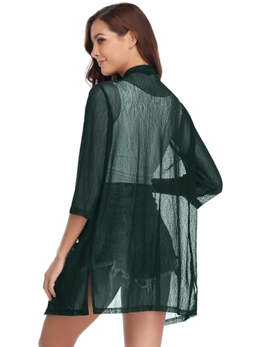 iClosam Women Casual 3/4 Sleeve Sheer Open Front Cardigan Sweater Kimono - color: Dark Green, size: XX-Large