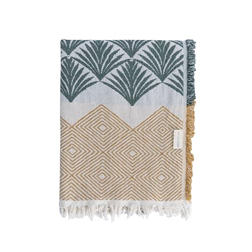 Throw Blanket, Palm Leaf and Diamond Patterns, 70x50 inches - color: Green/Orange