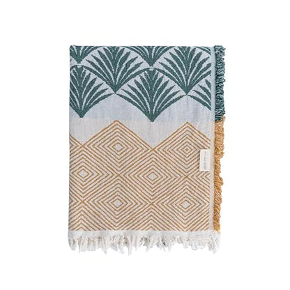 Throw Blanket, Palm Leaf and Diamond Patterns, 70x50 inches - color: Green/Orange
