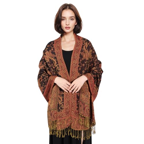 MUQU Women Pashmina Shawls and Wraps Scarf Soft Silky Reversible Paisley Scarves Shawl for Women - color: Black+red