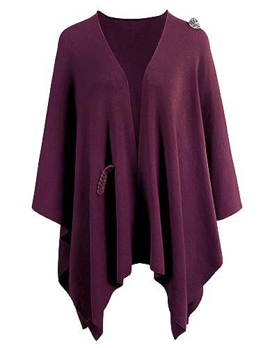 PULI Womens Large Cross Front Poncho Sweater Wrap Topper Knitted Elegant Shawls Cape for Fall Winter - color: 2-burgundy With Button