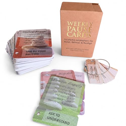 Weekly Pause™ Sensory Affirmation Cards for Women & Men – 55 Mindfulness Principles, Waterproof Raised Texture Deck with Tear-Off Mini Reminders & Keychain, Motivational Gift Box Set