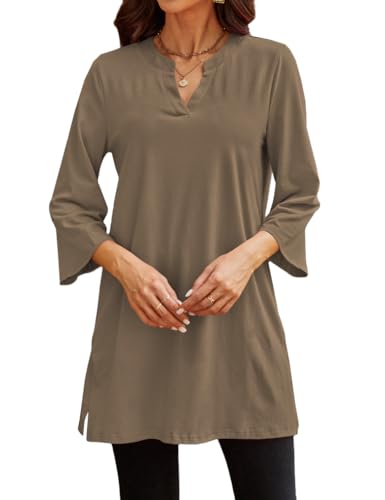 Poetsky Womens Tunic Tops 3/4 Bell Sleeve Loose Fit Tunics Dressy Casual Side Split Flare Top for Leggings S-3XL - color: Dark Brown, size: Small