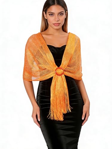 Sumolux Shawls Wraps for Evening Dresses Metallic Glitter Shawls Scarf for Women Sparkling Wedding with Free Buckle - color: Orange