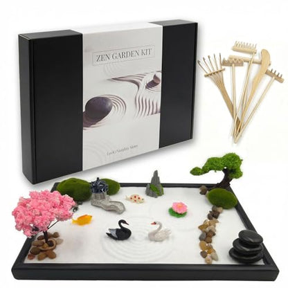 Zen Garden for Desk, Japanese Garden Home Office Desktop Decor for Meditation Sand Tray Therapy Kit,11.8'' X 7.9'' Large Size,Bamboo Rake Tools, Valentine's Day Gift