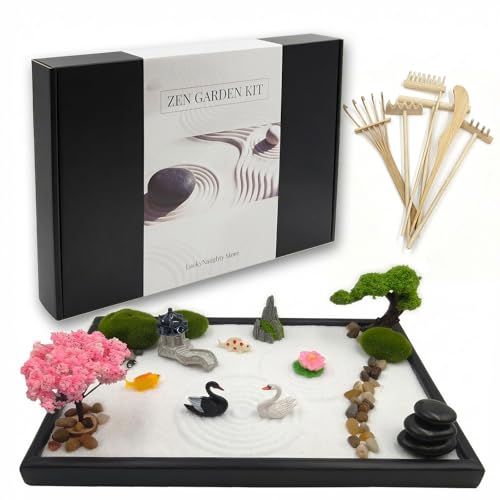 Zen Garden for Desk, Japanese Garden Home Office Desktop Decor for Meditation Sand Tray Therapy Kit,11.8'' X 7.9'' Large Size,Bamboo Rake Tools, Valentine's Day Gift