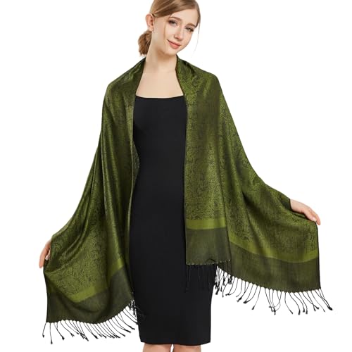 Silky Paisley Pashmina Shawl Scarf-Women's Soft Double-side Jacquard Pashminas Wrap for Evening Dress Travel Shawl - color: A-dark Green