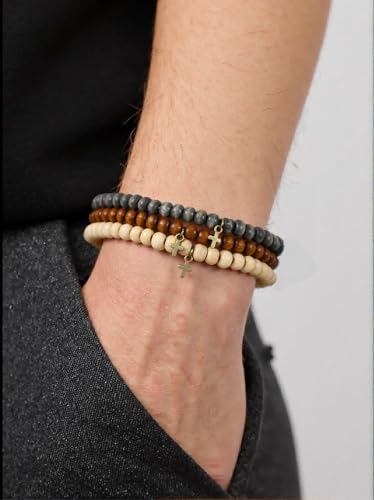 Puka Shell Bracelet for Men Wooden Bracelets Turquoise Stack Beaded Minimalist Trendy Jewelry for Friend Gift - style: 3pcs-Cross