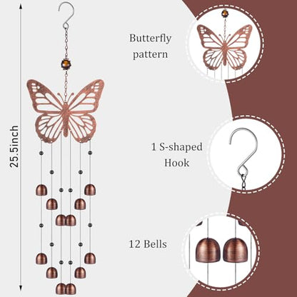 Cinnvoice 24 Inch Metal Wind Chimes for Outside Decor with S Hook, Birthday Gift for Women Men Bronze Memorial Gift with 12 Bell for Patio Garden Yard Lawn Front Yard Housewarming(Butterfly) - style: Butterfly
