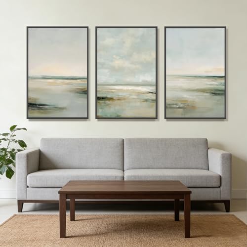 Large 3 Piece Canvas Wall Art for Living Room, 16x24 Inch Abstract Coastal Seascape Modern Sage Green Framed Prints, Gallery Wrapped Home Decor for Bedroom Office, Ready to Hang - color: Coastal Panels, size: 24"L X 16"W