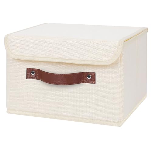 ANMINY Storage Bin with Lid Storage Boxes with PU Leather Handles PP Plastic Board Decorative Foldable Lidded Cotton Linen Fabric Home Cubes Baskets Closet Organizer Container - Beige, Small Size - color: Beige, size: Small (Pack of 1)