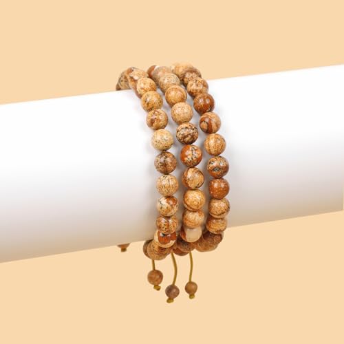 AD Beads Unisex 8mm Gemstone Bracelets Healing Macrame Adjustable 7-9 Inches || wear this healing natural gemstone bracelet help to erase your pain and fear || recover your energy||| - color: Picture Jasper