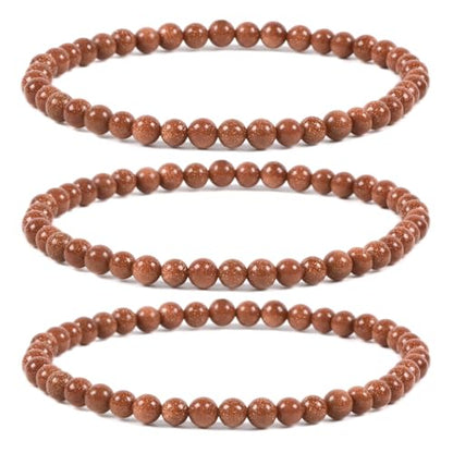 Justinstones Gem Semi Precious Gemstone 3pcs 4mm Round Beads Stretch Bracelet 6.5 Inch Unisex - color: Synthetic Goldstone
