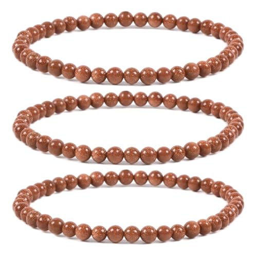 Justinstones Gem Semi Precious Gemstone 3pcs 4mm Round Beads Stretch Bracelet 6.5 Inch Unisex - color: Synthetic Goldstone