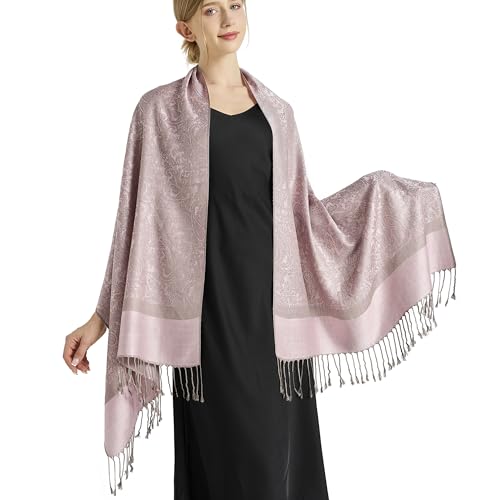 Silky Paisley Pashmina Shawl Scarf-Women's Soft Double-side Jacquard Pashminas Wrap for Evening Dress Travel Shawl - color: A-pink Grey