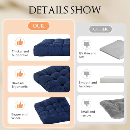 Meditation Floor Cushions, Thickened Floor Pillow for Adults, Large Square Pillows Seat Cushion for Tatami Living Room Yoga, Memory Sponge Block Added, 22x22 Inch, Drak Blue