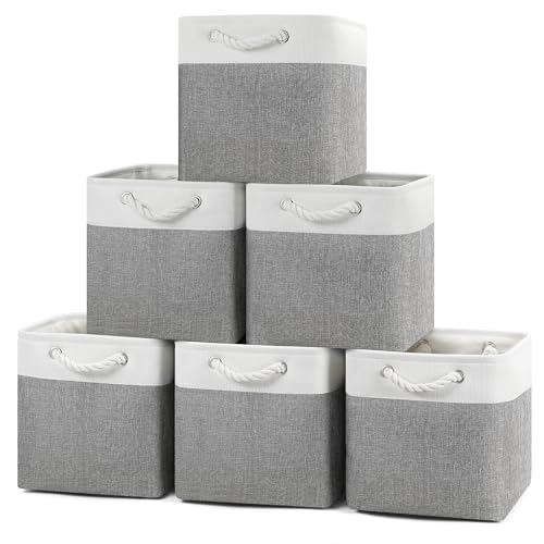 Posprica 11×11×11 Storage Cubes, Collapsible Storage Bins Organizer for Closet, Fabric Storage Box with Cotton Rope Handles, Decorative Storage Baskets for Shelves, set of 6 - White/Gray - color: White/Gray, size: 11×11×11/6pcs