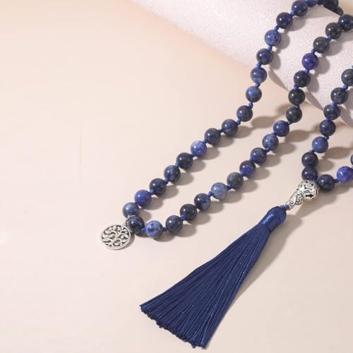 108 Mala Beads Necklace Semi-Precious Gem Stones Meditation Necklace 108 Hand Knotted Japa Mala Beaded Tassel Necklace with Tree of Life Pendant - color: Flower Blue-Veins