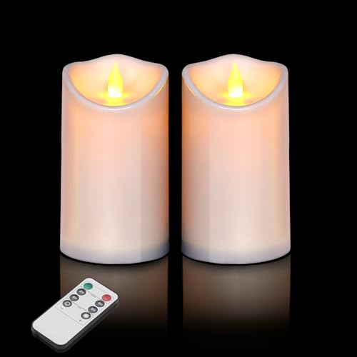 Flameless Candles 4" 5" 6" Outdoor Indoor Pillars Battery Operated Flickering Candles Include 10-Key Remote Timer 400+ Hours by 2 AA Batteries (White Candle - Warm light, 3"D x 6" H - 2 Pack) - color: White Candle - Warm light, size: 3"D x 6" H - 2 Pack