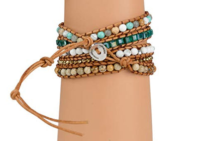 New! Dazzling Handmade Leather Wrap Bracelet Collection - style: 5 Wrap Ocean Jasper