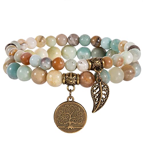 Bivei Natural Semi Precious Gemstone beads bracelet for women - Life Tree and Leaf Charm Energy Reiki Crystal Stretch Bracelets - color: Amazonite Bracelet Set, size: Medium:6.8-7.24inch