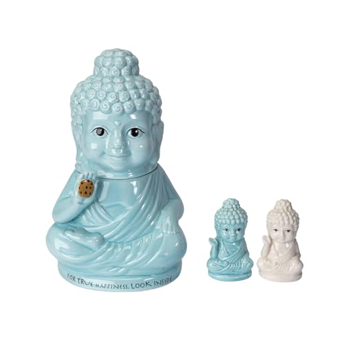 Buddha Ceramic Cookie Jar with Salt and Pepper Shaker Set, Decorative Kitchen Storage Canister, Zen Spiritual Buddhist Home Decor, Unique Gift Idea