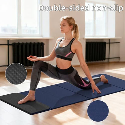 Foldable Yoga Mat Thick 10mm-WUWAN Extra Large Exercise Mat, TPE Material, Non-Slip Fitness Folding Mat Easy to Carry, Suitable for Home Workout Travel Pilates (75" x40",2/5") (Blue) - color: Dark Blue