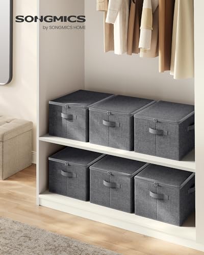 SONGMICS Foldable Storage Organizer Boxes, Set of 3 Storage Basket Bins with Lids, Handles, Clothes Organizer, 15.7 x 11.8 x 9.8 Inches, Non-Woven Fabric, Slate Gray URYZB03G
