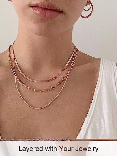 FOCALOOK 14K Gold Plated Necklaces for Women, Fashion Herringbone Choker Necklace Stainless Steel Flat Snake Chain 3/5MM(W) 12.5"/15"/18"+3.5"(L) - color: 3MM-Rose Gold-18"