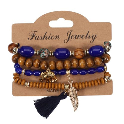 Caiyao 4Pcs Bohemia Multilayer Stackable Elephant Leaf Tassel Bracelets Colorful Wooden Resin Beaded Stretch Bracelets for Women Men Summer Beach Boho Vacation Hawaii Jewelry Gifts - style: StyleD