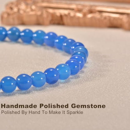 14in Agate Wrap Bracelet for Women Men Natural Round Beaded Agates Stone Healing Stretch Bracelets Elastic Handmade Polished Gemstone Beads Bracelet - color: Blue Agate, size: 8mm Beads