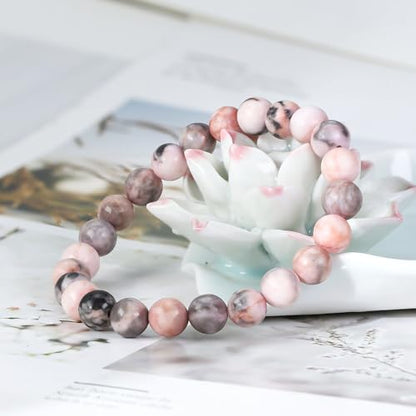 Natural Gemstones Bracelet 8mm Chakra Round Beads Energy Power Crystal Reiki Healing Elastic Stretch 7 Inch for Women Men Unisex - color: Pink Zebra Jasper