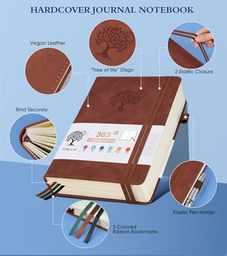 A5 Lined Journal Notebook - 365 Page Leather Journals for Writing Women & Men，Hardcover Notebook with 100Gsm Thick Pages，Daily Diary for Travel, Work，School，Note Taking，College Ruled (5.9" x 8.5")