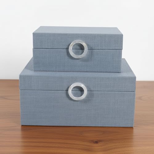 Sagebrook Home Set of 2 Decorative Storage Boxes with Lids - Fabric Covered MDF & Wood, Acrylic Handles - Home & Office Organizer - 9" & 7" Blue