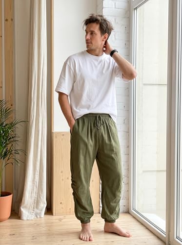 perdontoo Mens Casual Cotton Linen Pant Elastic Waist Drawstring Yoga Jogger Pants - color: Army Green, size: Small
