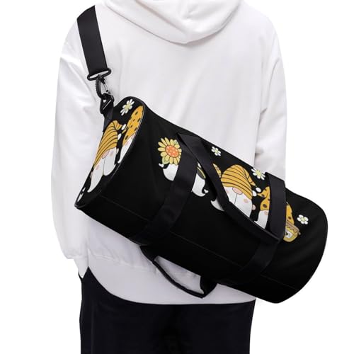 Sunflower Bee Cute Cartoon Gnome Black Cylindrical Portable Fitness Bag, Large Capacity Handbag - color: Sunflower Bee Cute Cartoon Gnome Black