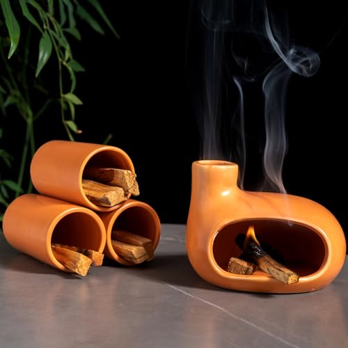 MOUGIGI Palo Santo Holder Set with 3 Matchstick Holders - Modern Handcrafted Ceramic Incense Burner with Chiminea, Perfect for Meditation - Smudge Bowl for Palo Santo Sticks, Sage, and Cones. - color: Palo Santo Holder Set - 3 Matchstick Holders