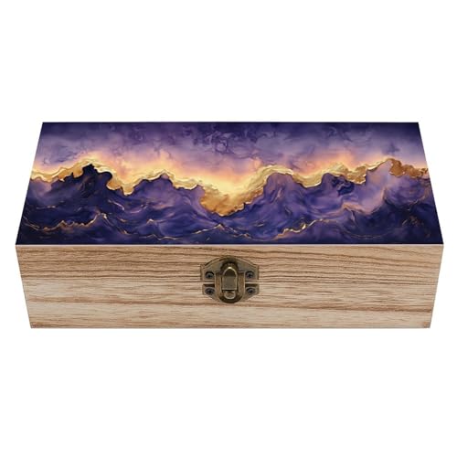 Purple Gold Ocean Wave Wooden Storage Box Decorative Trinket Keepsake Box Wood Jewelry Organizer Box for Bedroom Office with Hinged Lid And Front Clasp - color: style-4