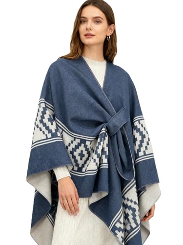 Women's Elegant Shawl Wraps, Soft Open Front Poncho Cape, Reversible Casual Cardigan Shawls for Gift Travel - color: Bronze Blue-white