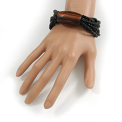 Avalaya Multistrand Black Glass Bead with Brown Wooden Bead Flex Bracelet - Medium