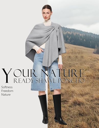 PULI Womens Elegant Cross Front Shawl Wraps Knitted Ponchos Cape Light Weight Poncho Sweater Soft Warm Travel Wraps - color: Rib-light Heather Grey
