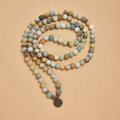 108 Natural Stone Mala Beads Yoga Jewelry Meditation Bracelet Necklace with om Charm - style: Amazonite